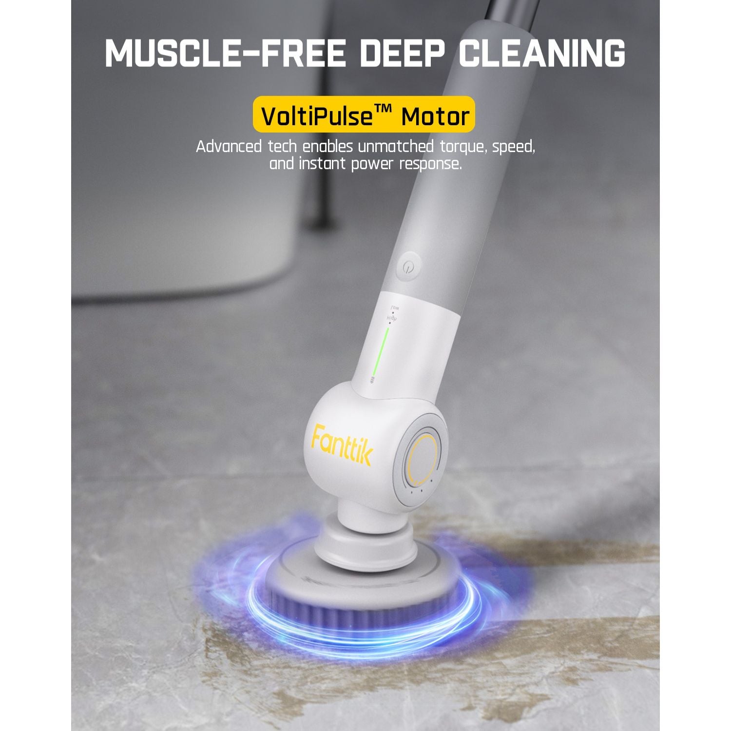 Fanttik G9 Pro electric scrubber with VoltiPulse motor cleaning tile floors. Muscle-free deep cleaning.