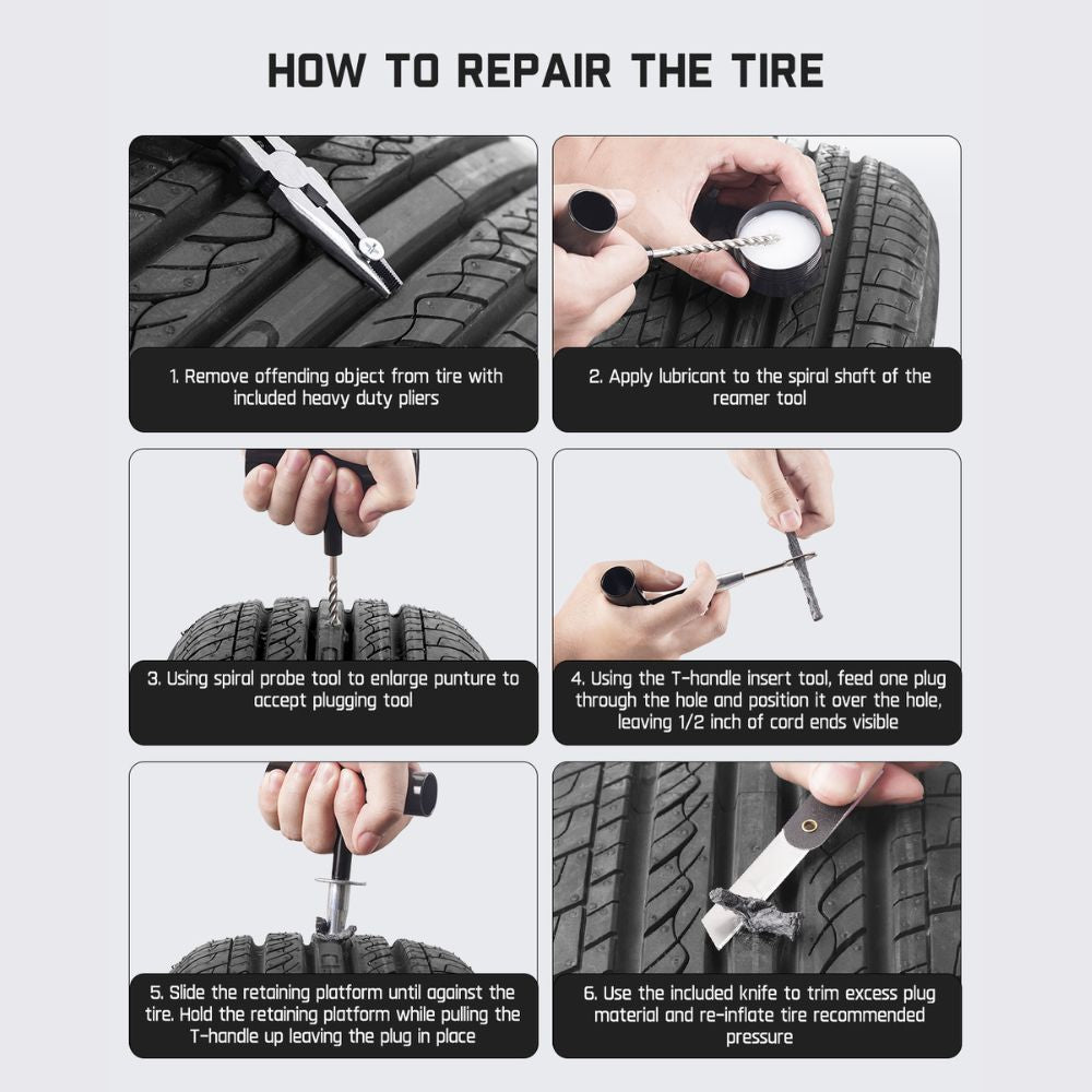 Fanttik tire repair guide: 6 steps for tubeless tire repair including plug insertion and trimming.