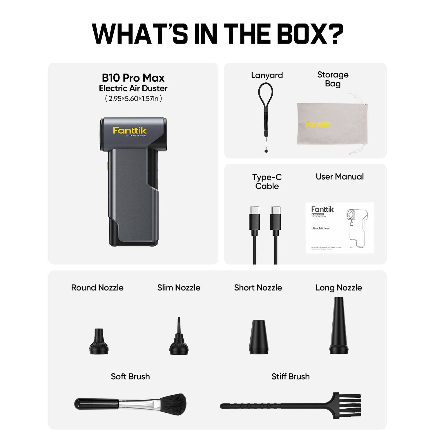 Fanttik B10 Pro Max air duster kit: duster, lanyard, bag, USB-C cable, manual, nozzles, and brushes.