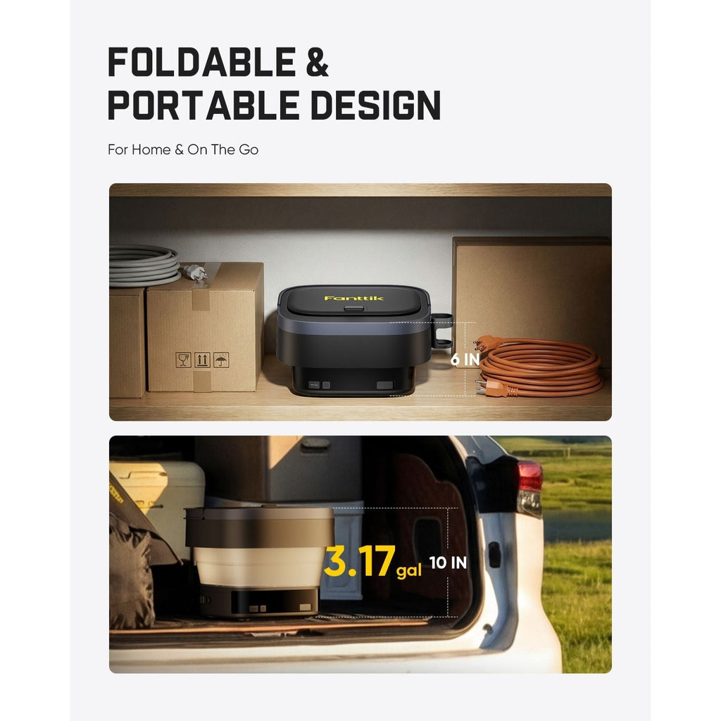 Fanttik NB10 Fold Cordless Pressure Washer with foldable and portable design features, shown in a kitchen and vehicle setting.