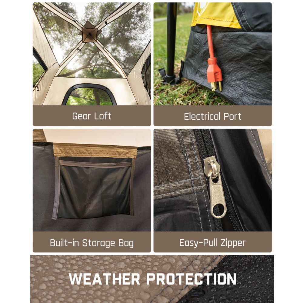 FanttikOutdoor Zeta C6 Pro tent features: gear loft, electrical port, storage bag, easy-pull zipper, weather protection.