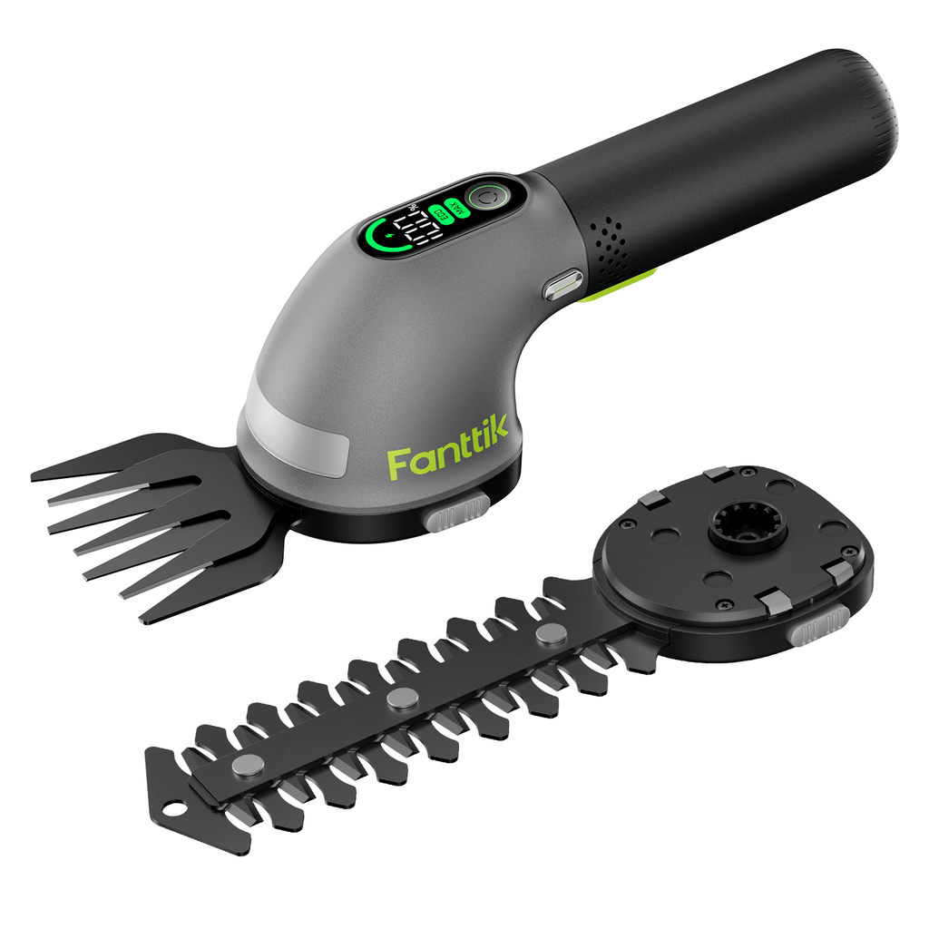 Fanttik Z10 Pro cordless hedge trimmer with digital MAX/ECO display and grass shear and shrubbery trimmer attachments