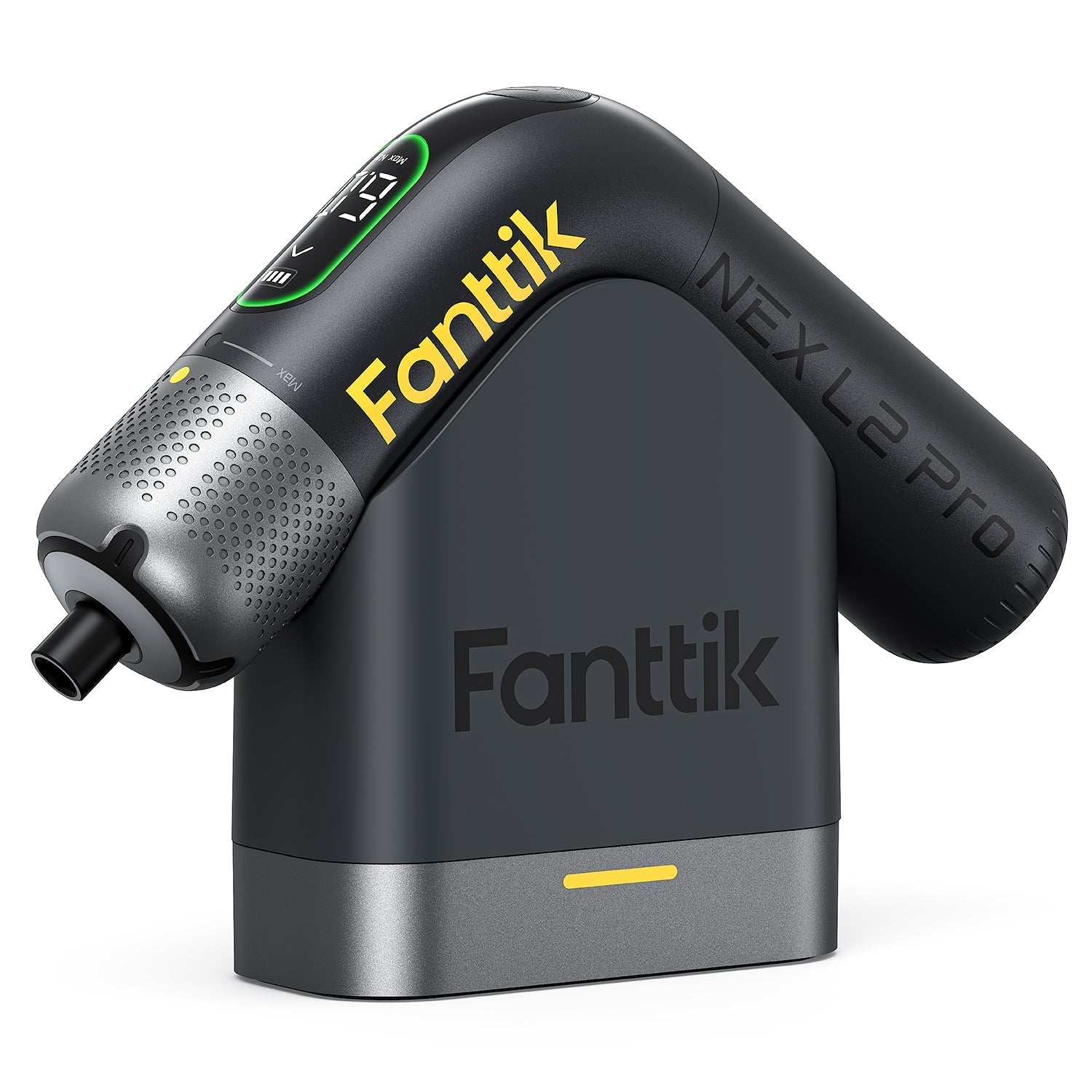Fanttik L2 Pro cordless electric screwdriver with digital display on charging base. Yellow branding and 20 S2 bits.