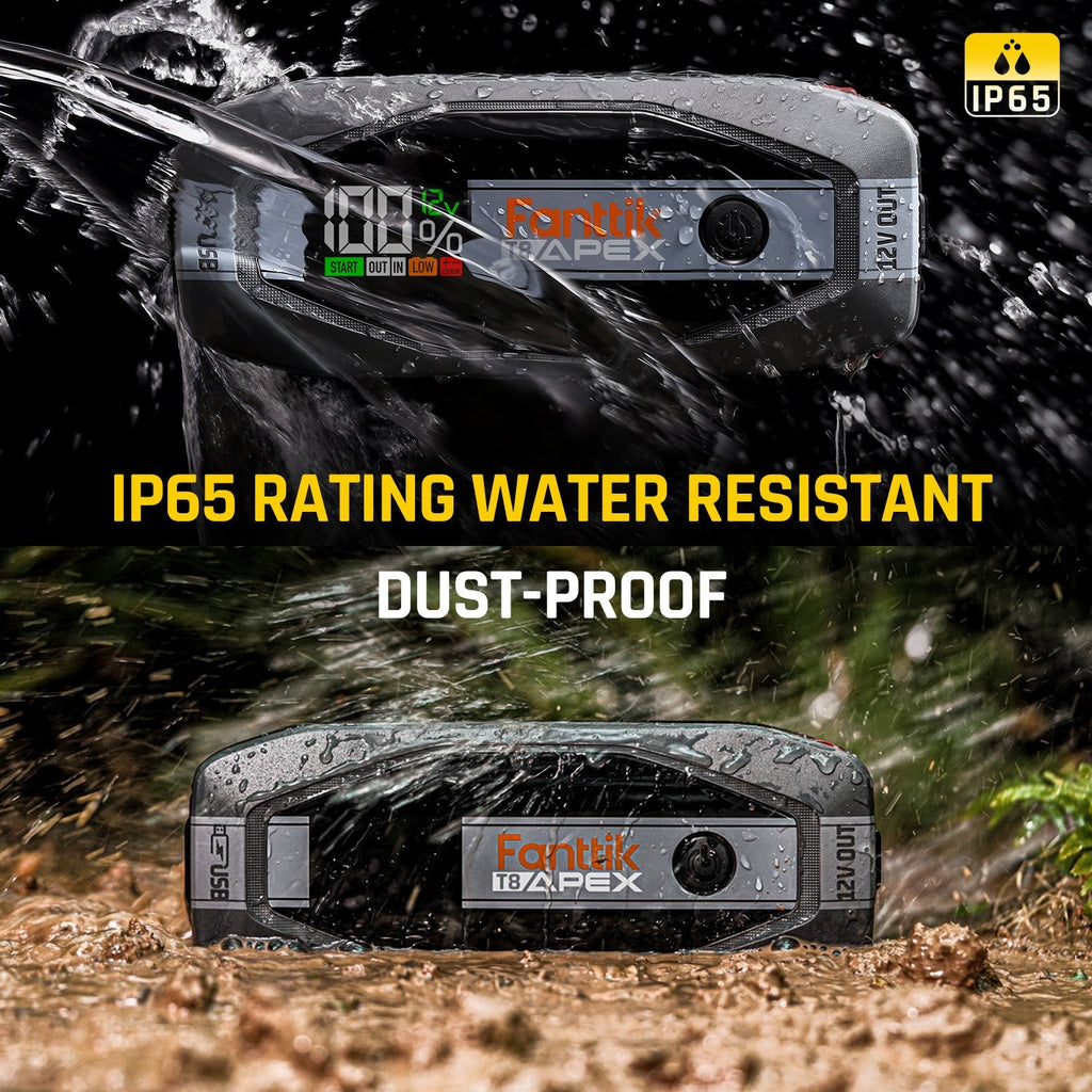 Fanttik T8 APEX jump starter, IP65 water resistant and dust-proof, with digital display showing 100% battery.
