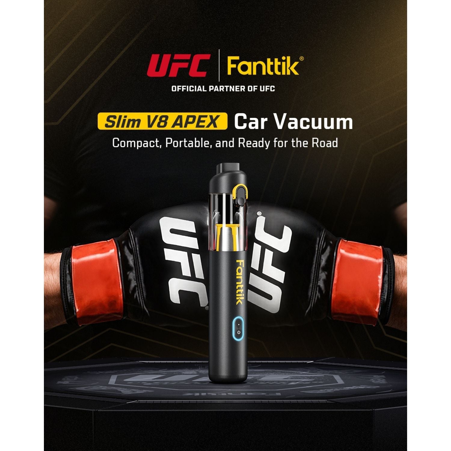 Fanttik Slim V8 Apex Car Vacuum with UFC boxing gloves in background