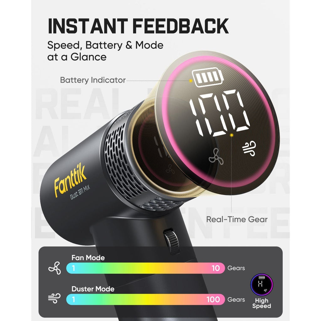 Fanttik Gust B11 Mix 2-in-1 Electric Air Duster & Fan, Dust Blower, 110000RPM Brushless Motor, Compressed Air Duster, 100 Stepless Gears, One-tap Booster, Electric Duster for PC, Electronics, Outdoor