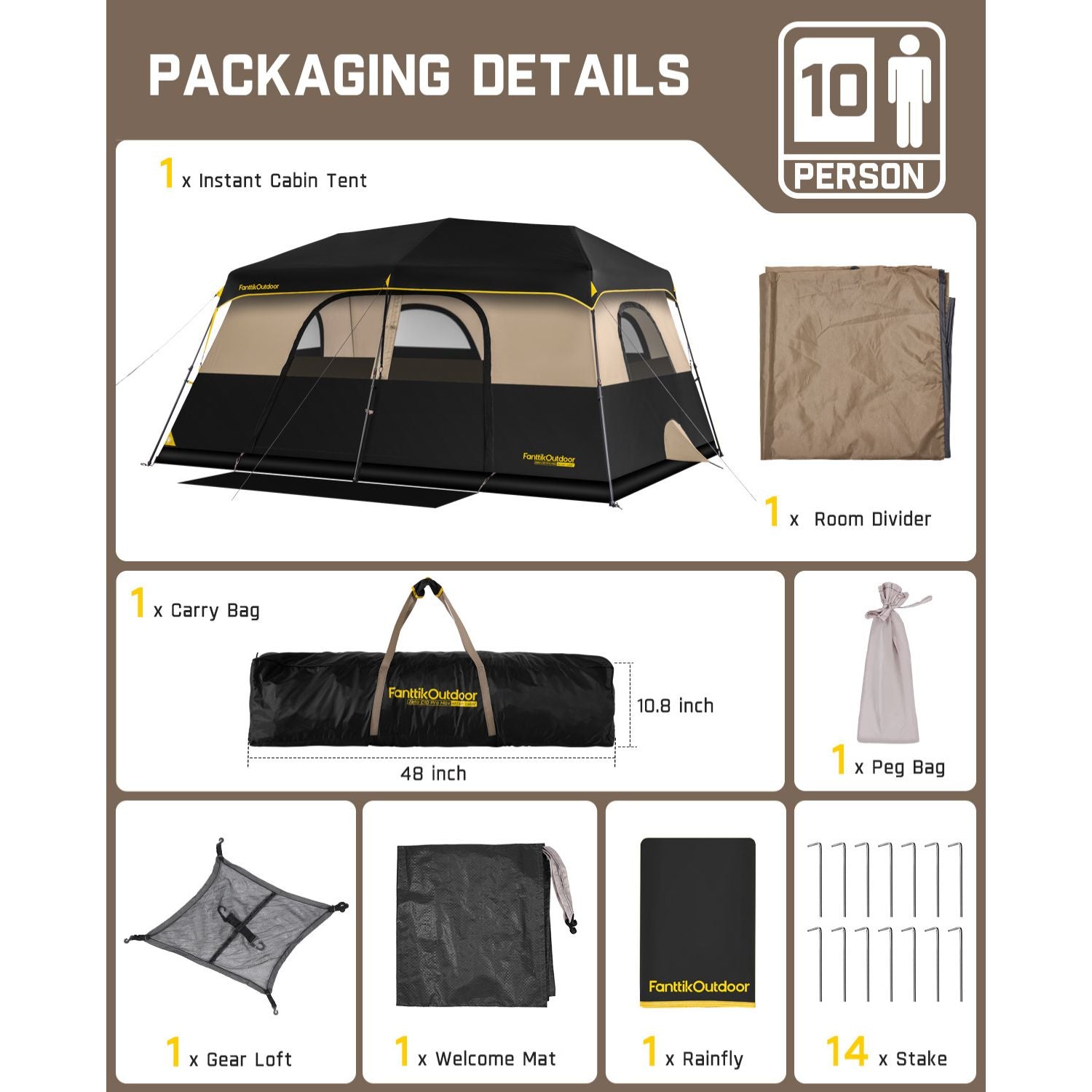 FanttikOutdoor Zeta C10 Pro Max 10 Person Tent package contents: tent, divider, carry bag, pegs, gear loft, mat, rainfly, stakes.