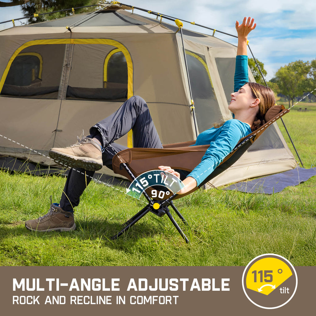 FanttikOutdoor Zeta L8 Max Rocker Chair reclined at 115°. Multi-angle adjustable for comfortable camping.