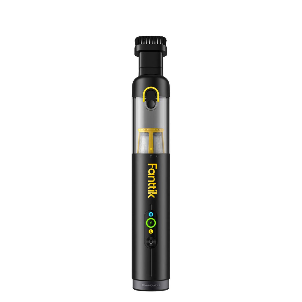 Fanttik Slim V10 Mate cordless car vacuum with LED indicator lights and brush attachment.