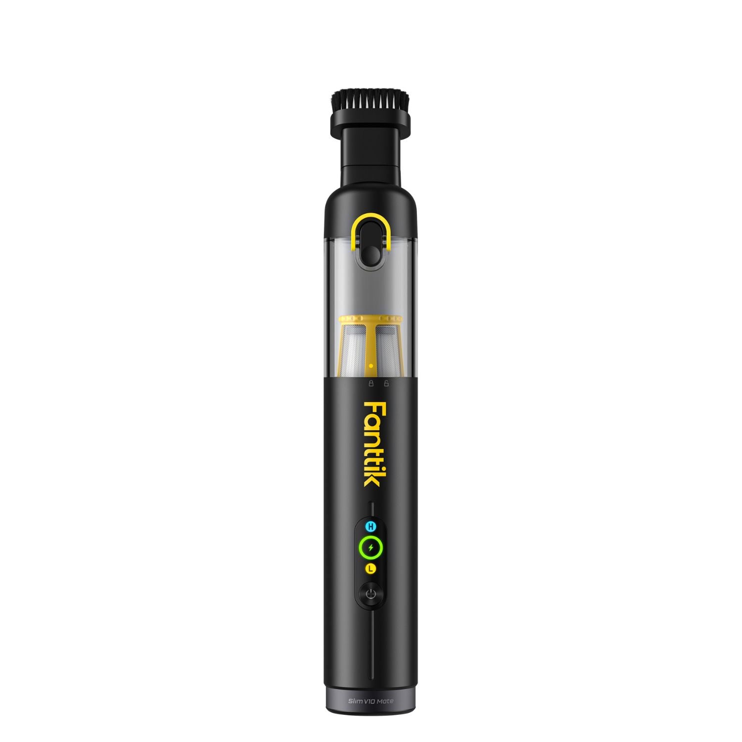 Fanttik Slim V10 Mate cordless car vacuum with LED indicator lights and brush attachment.