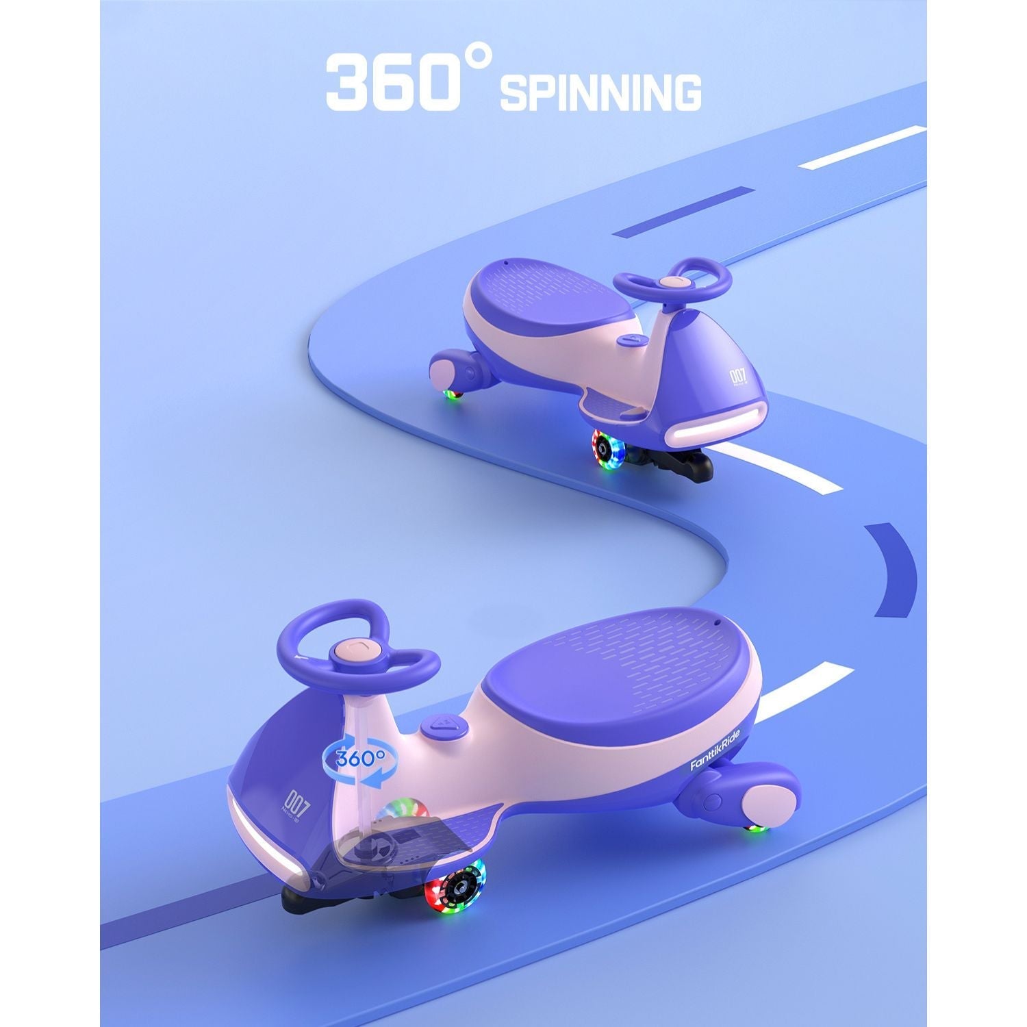 FanttikRide N7 Classic 6V electric wiggle car with 360° spinning, flashing wheels, and pedal. Available in purple and white.