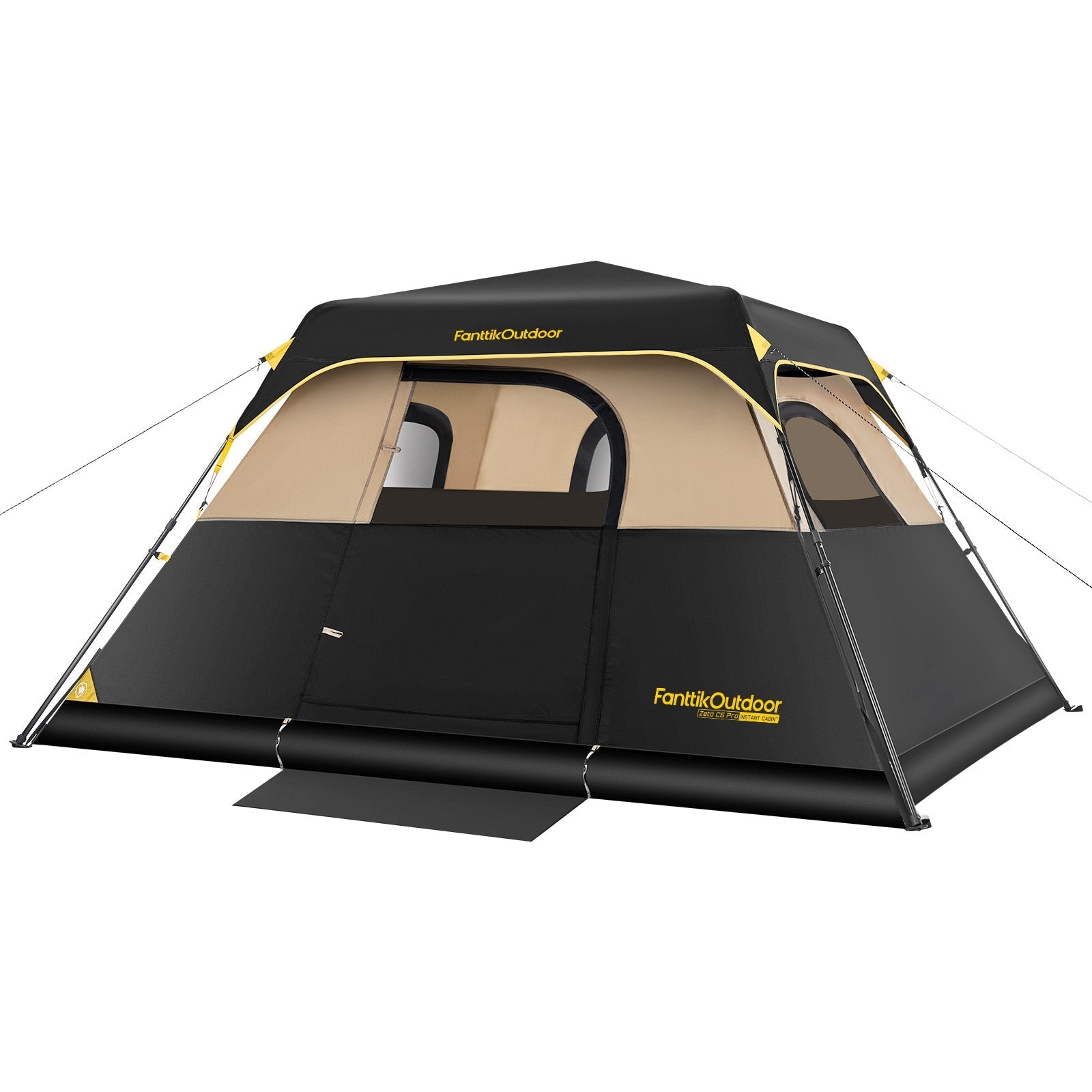 FanttikOutdoor Zeta C6 Pro 6 person instant cabin tent in black and tan with yellow accents.