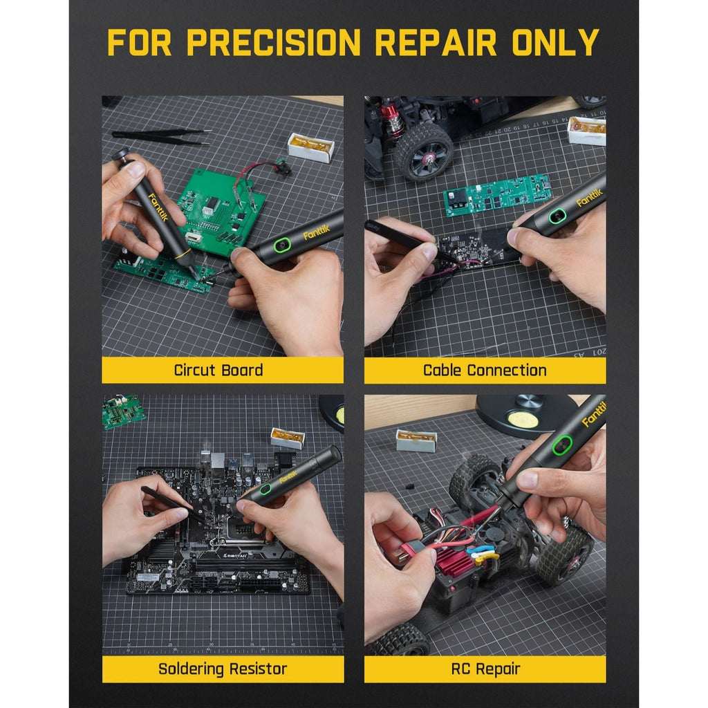 Fanttik T1 Max soldering iron kit used for precision repair on circuit boards, cable connections, and RC vehicles.