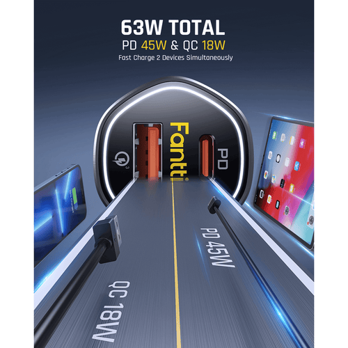 Fanttik 65W can intelligently charge 2 devices simultaneously at full speed with type c PD45W & USB QC18W output, up to 9X faster charging speed than the standard charger. The USB-C port can deliver 65W MAX output when used alone.
