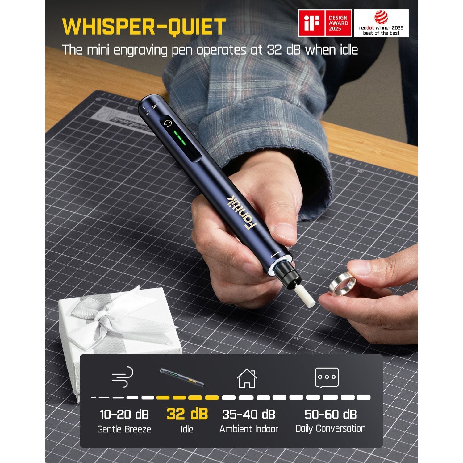 Person using a Fanttik F2 Master Mini Cordless Rotary Tool Kit 4V on a cutting mat with product details displayed.