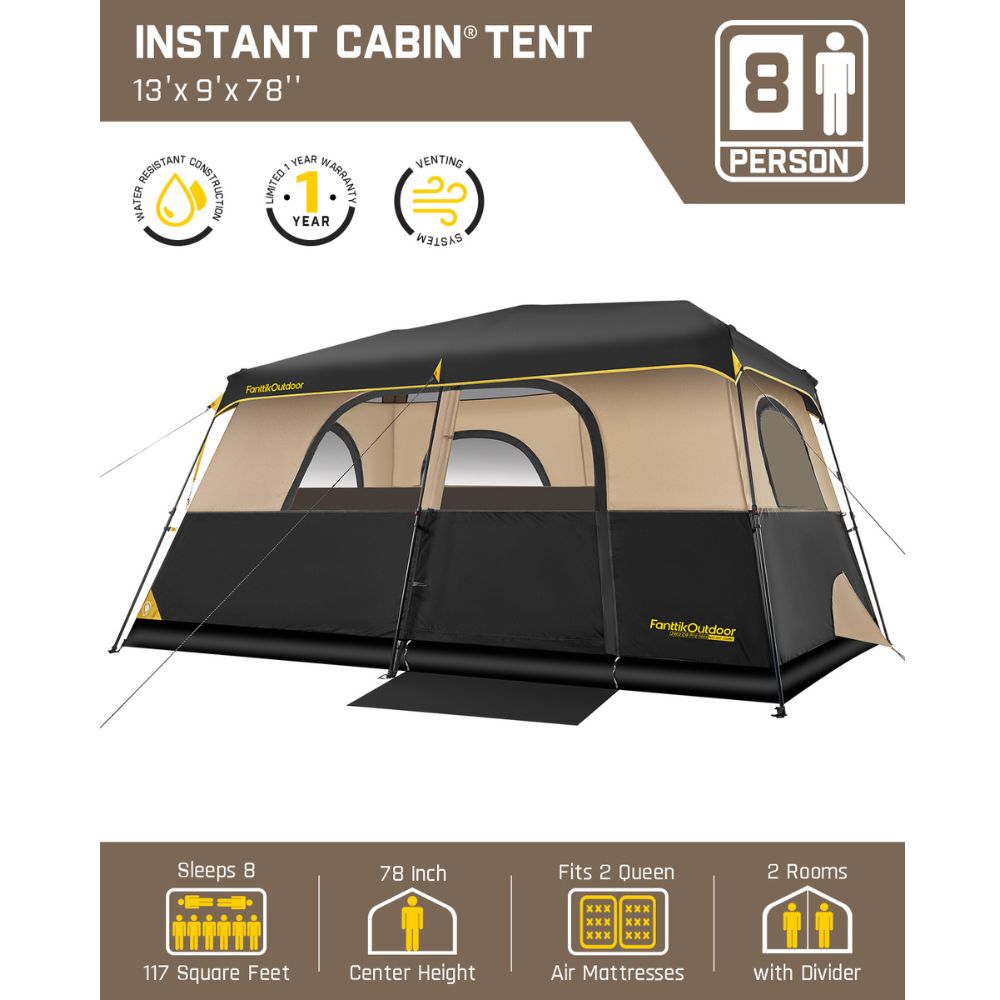 FanttikOutdoor 8 Person Cabin Tent: 13'x9'x78", water-resistant, 78" height, fits 2 queen air mattresses, 2 rooms.