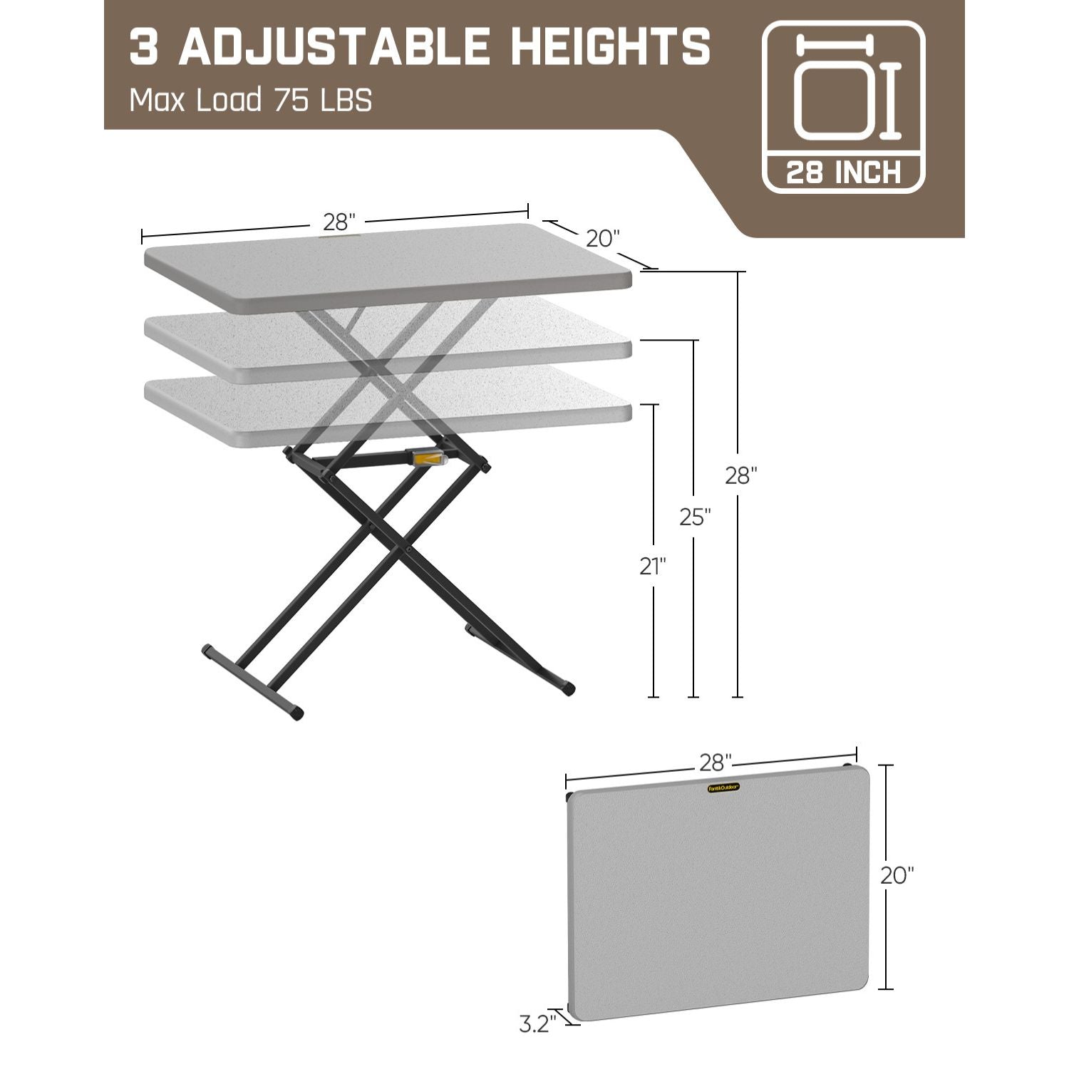 FanttikOutdoor Zeta X1 Pro 28" table: 3 adjustable heights (21-28"), 75 LBS max load. Folded: 28"x20"x3.2".