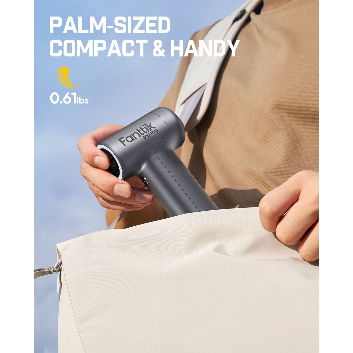Fanttik B10 Pro palm-sized cordless air duster in hand, shown as compact and lightweight