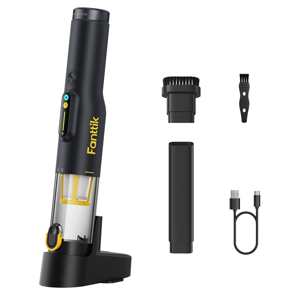 Fanttik Slim V10 Lite cordless handheld vacuum with accessories, charging base, and USB-C cable.