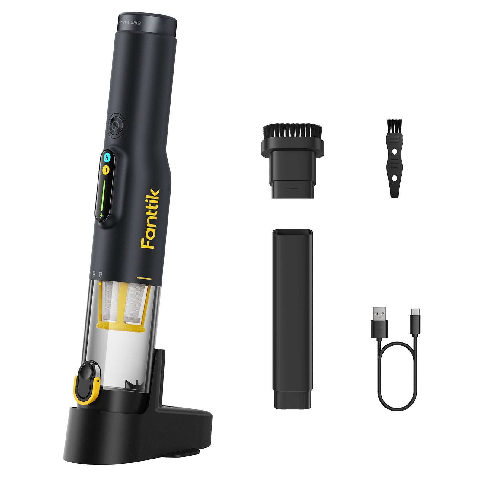 Fanttik Slim V10 Lite cordless handheld vacuum with accessories, charging base, and USB-C cable.