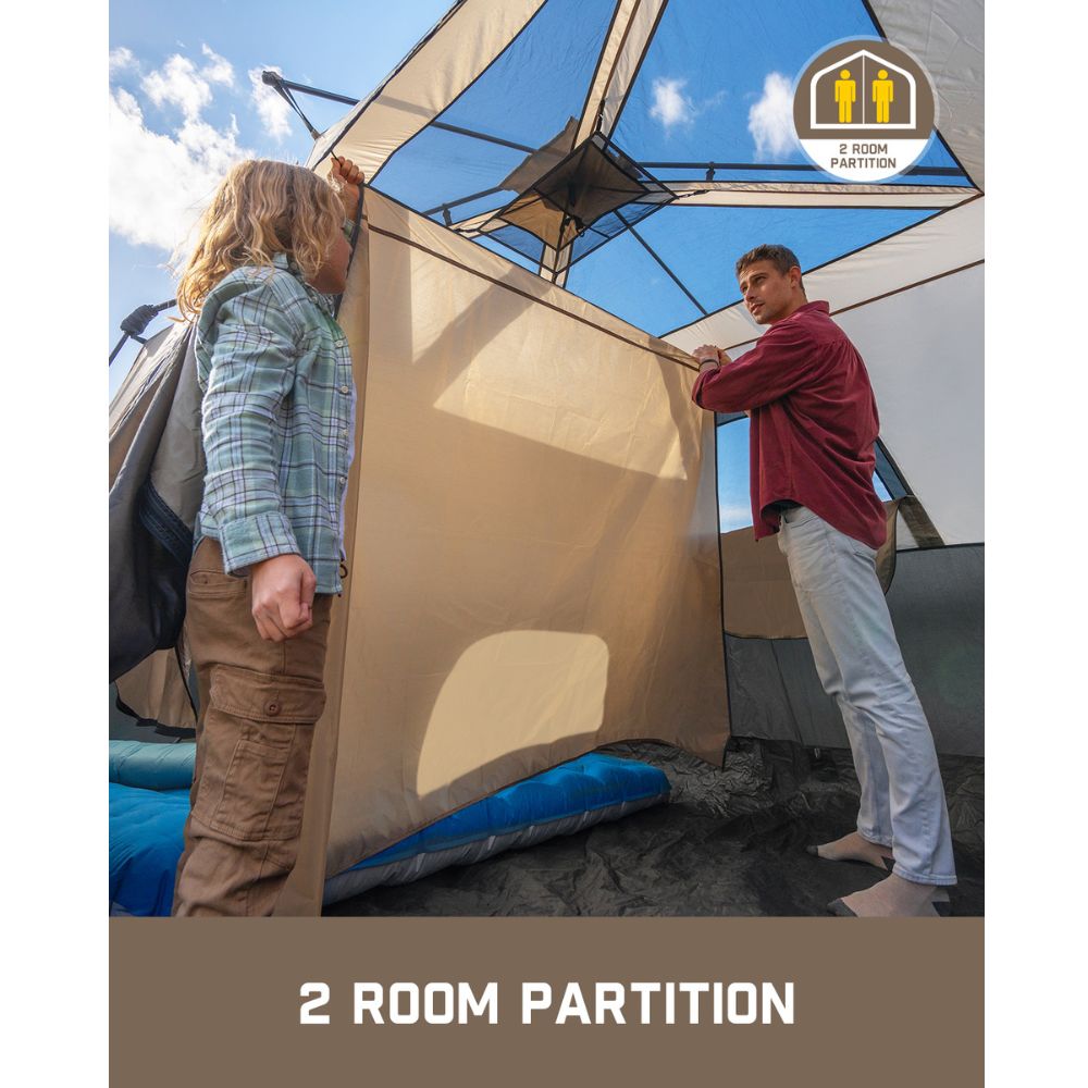FanttikOutdoor Zeta C8 Pro 8 person camping tent interior with adjustable 2 room partition and mesh ceiling.