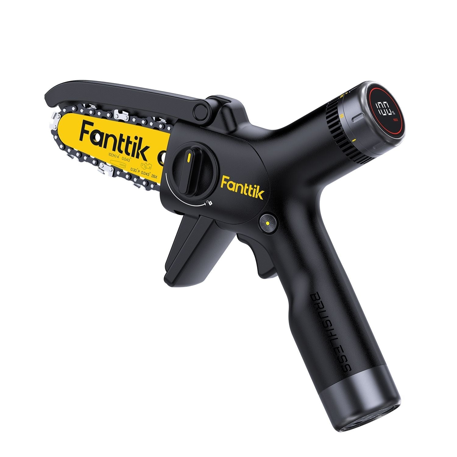 Fanttik W10 APEX mini chainsaw with yellow bar, digital display, and brushless motor.