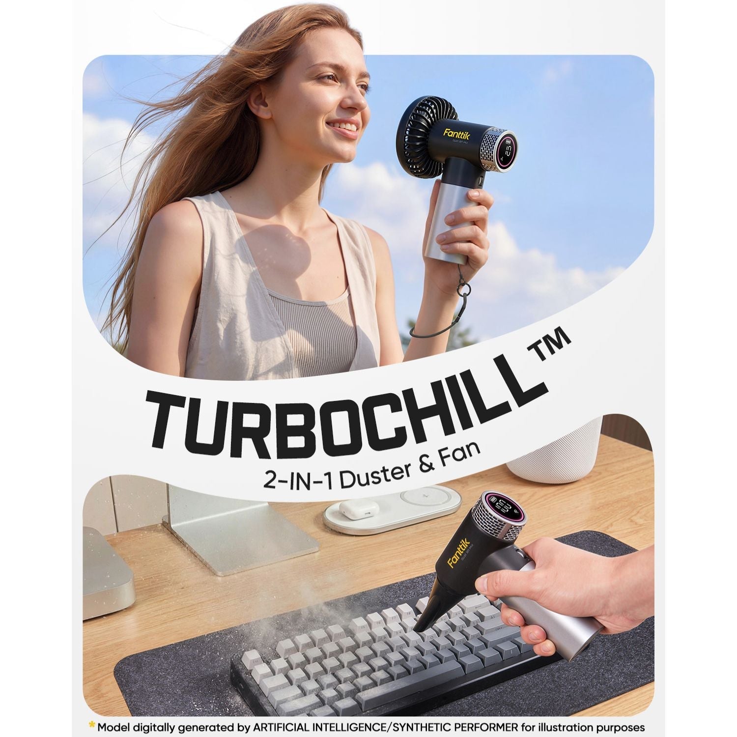 Woman using a Turbochill 2-in-1 duster & fan with a desk setup in the background