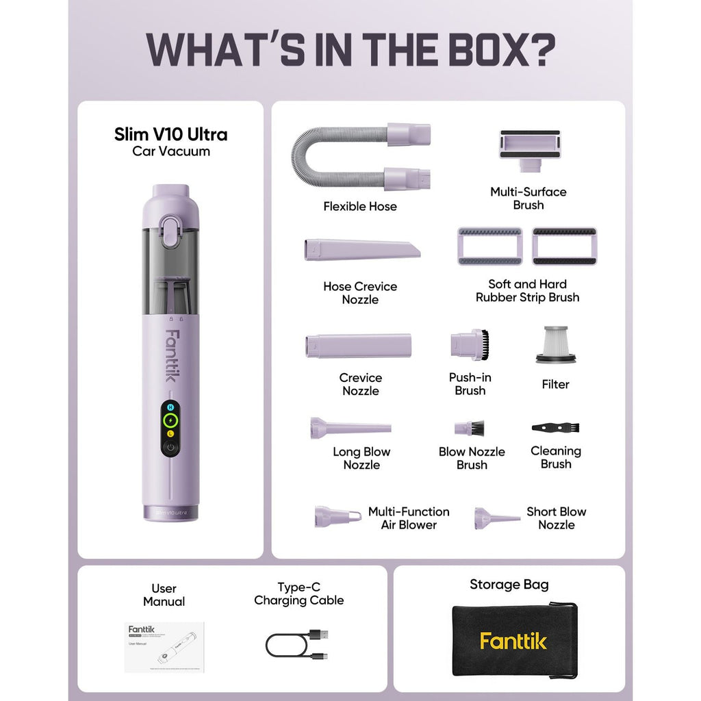 Product packaging for Slim V10 Ultra Car Vacuum with components listed on a white background.