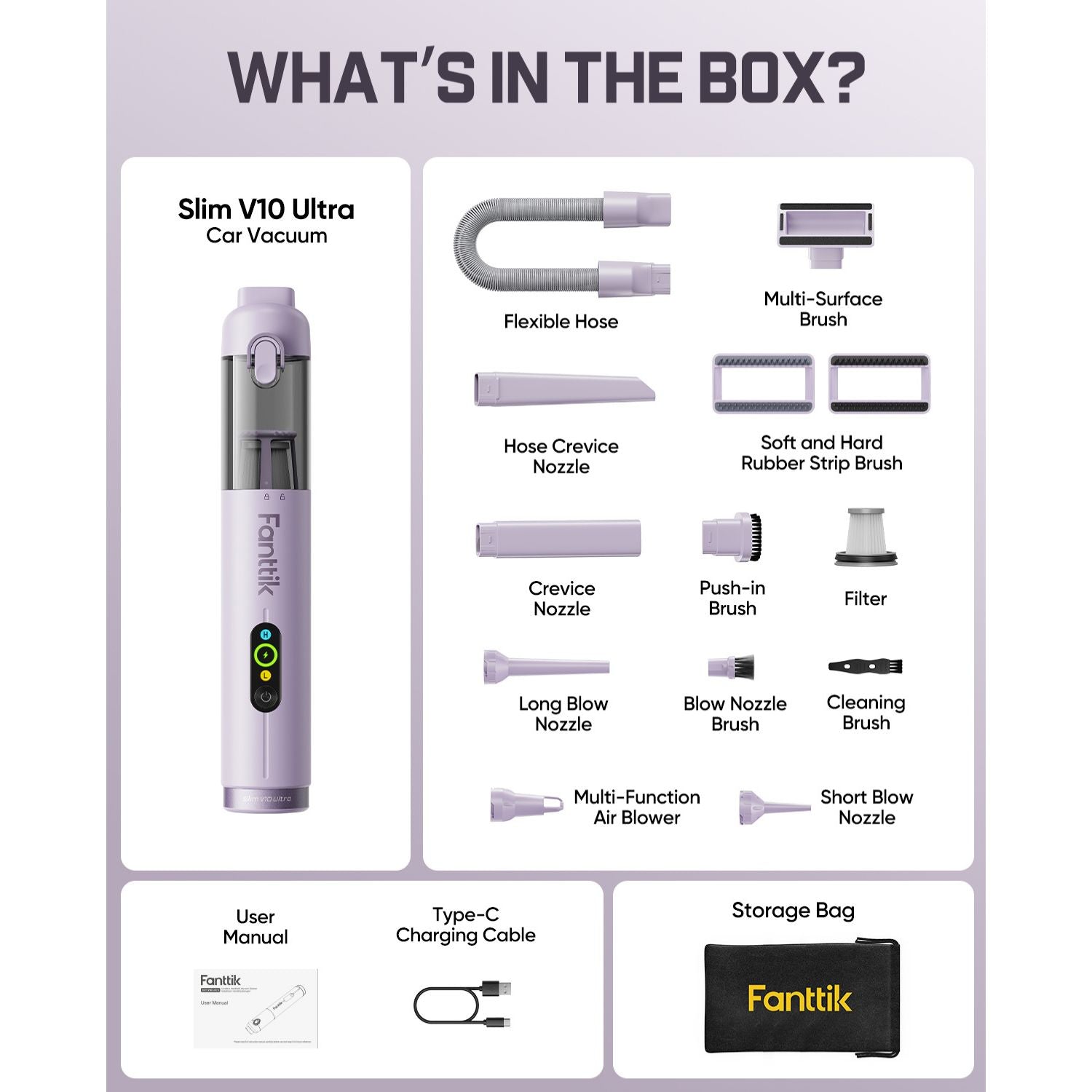 Product packaging for Slim V10 Ultra Car Vacuum with components listed on a white background.