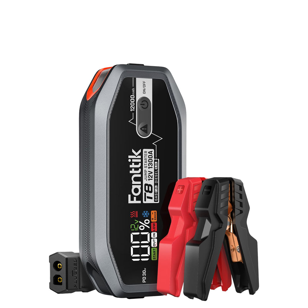Fanttik T8 1300 Amp jump starter with display, jumper cables, and PD 30W port. Ideal for 7.0L gas/5.0L diesel engines.