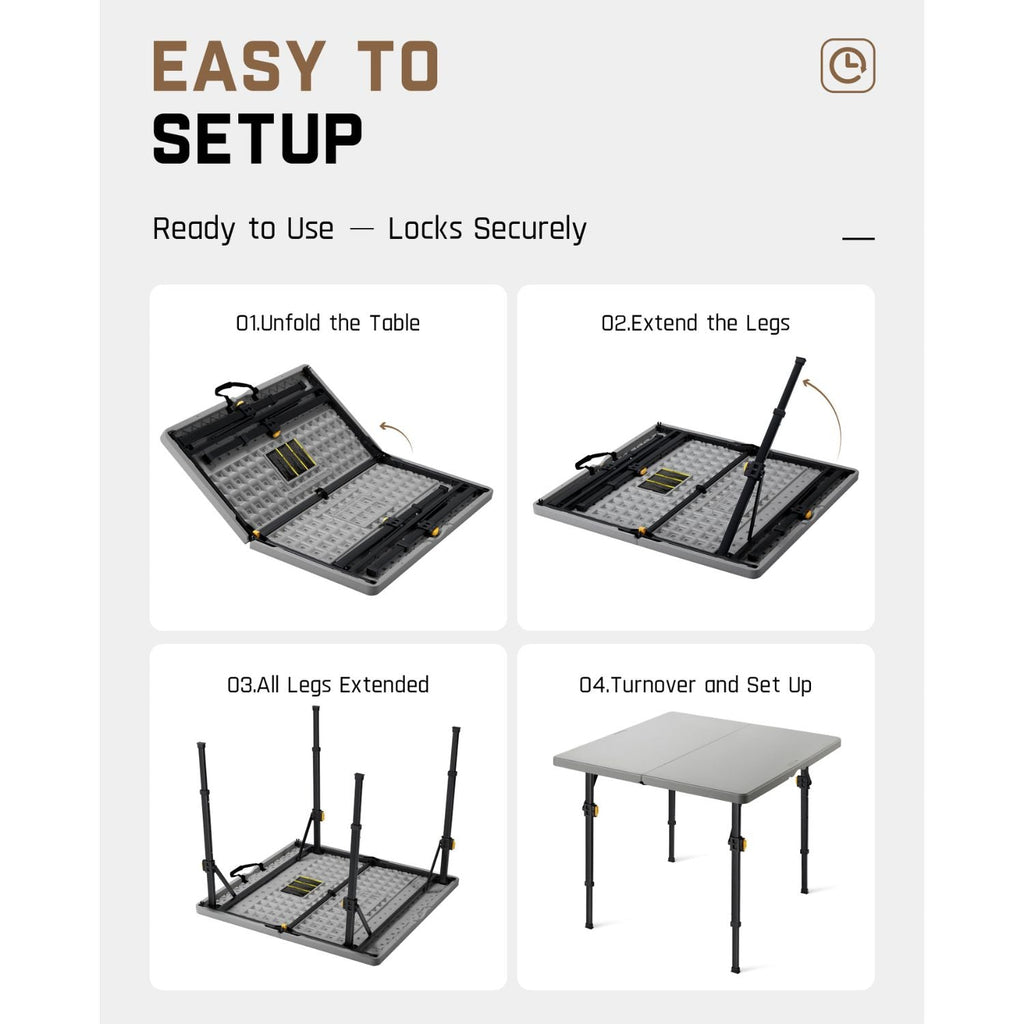 FanttikOutdoor Zeta S4 Pro folding table setup guide: unfold, extend legs, all legs extended, turnover and set up. Easy setup.