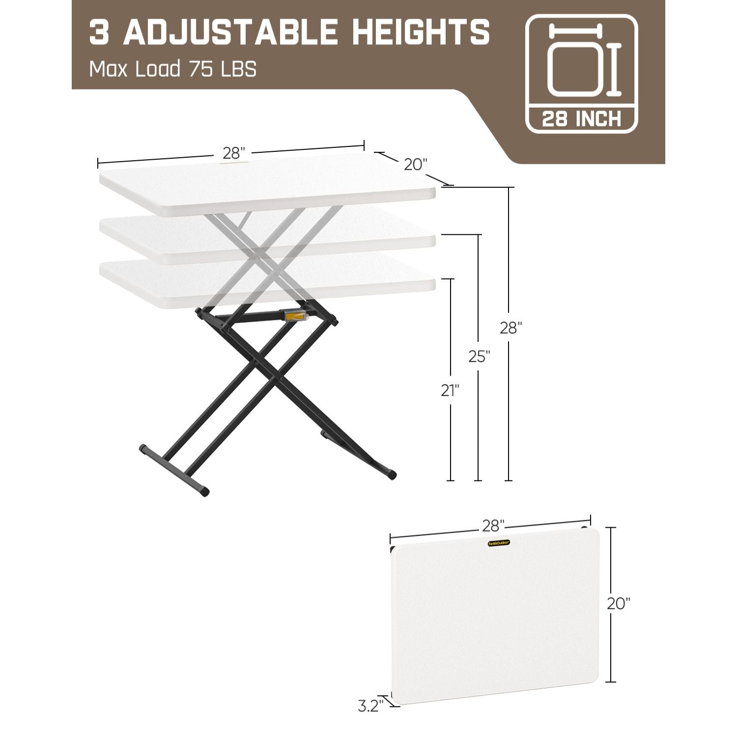 FanttikOutdoor Zeta X1 Pro 28" quick pop up table with 3 adjustable heights and 75 LBS max load, shown folded and unfolded.