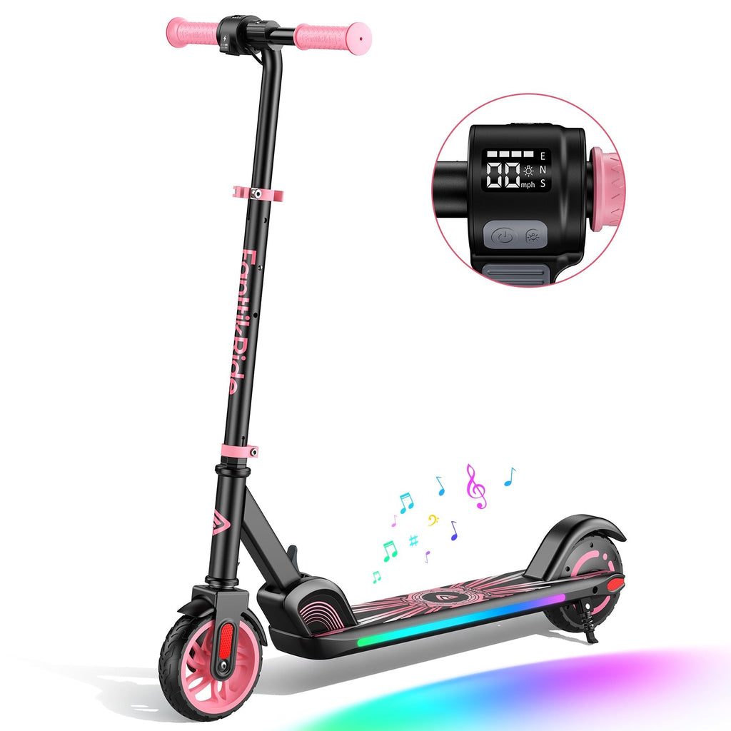 FanttikRide C9 Apex electric scooter for kids in pink, featuring adjustable handlebars, LED display, and rainbow lights.