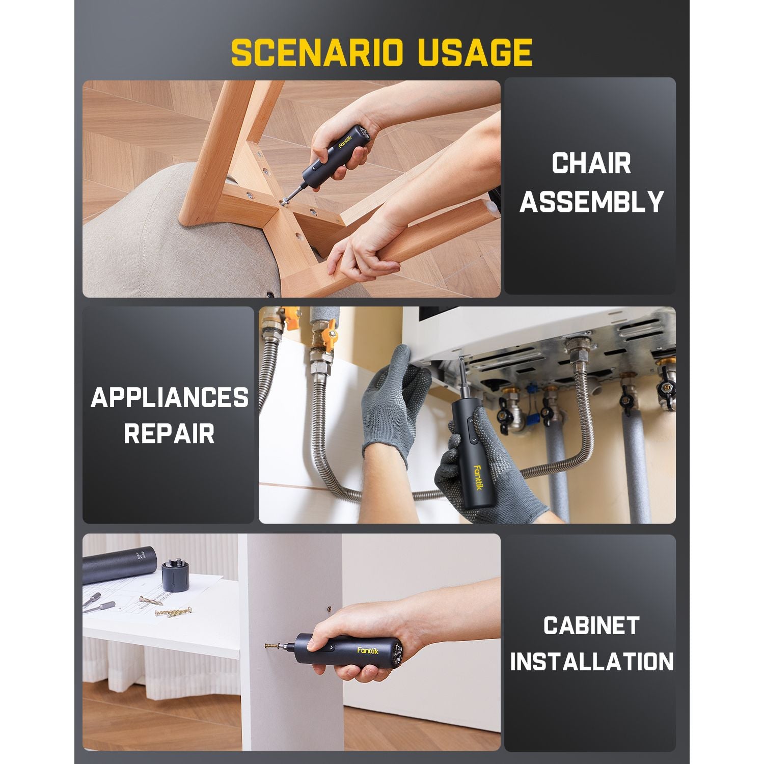 Fanttik S1 Capsule Deluxe cordless screwdriver used for chair assembly, appliance repair, and cabinet installation.