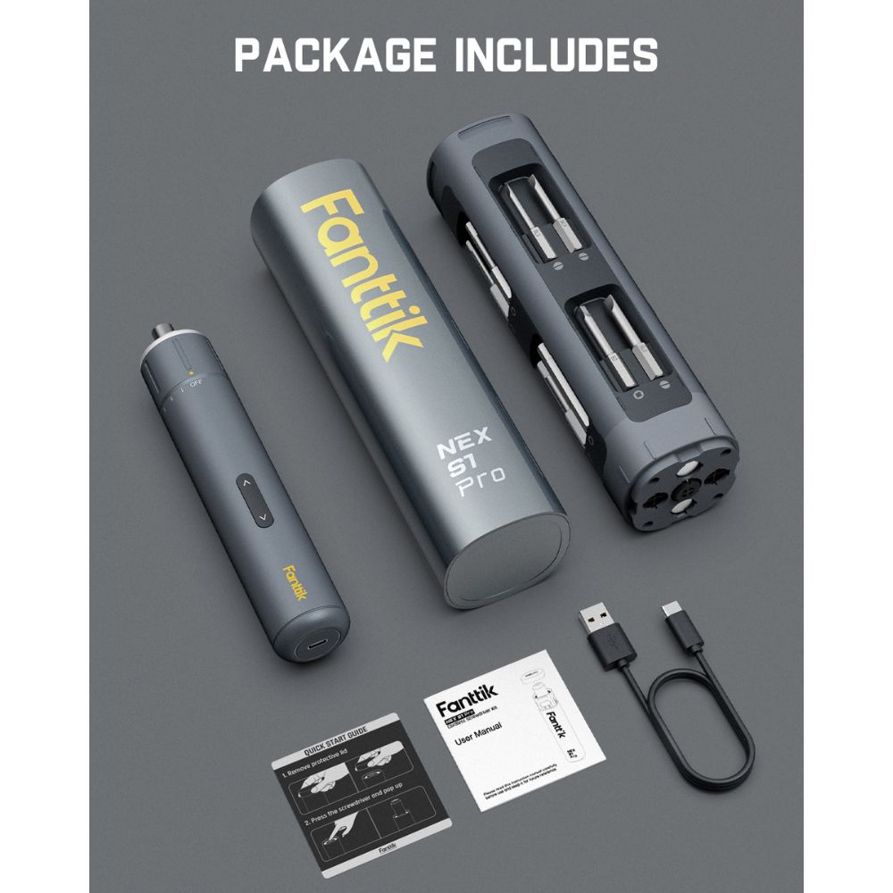 Fanttik S1 Pro power screwdriver, magnetic case with bits, USB-C cable, and manuals.