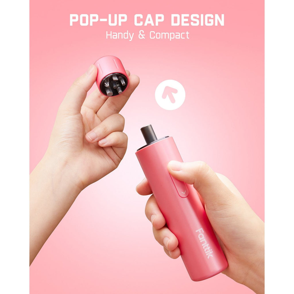 Pink Fanttik S1 Capsule Cordless Screwdriver with pop-up bit storage cap, handy and compact design.