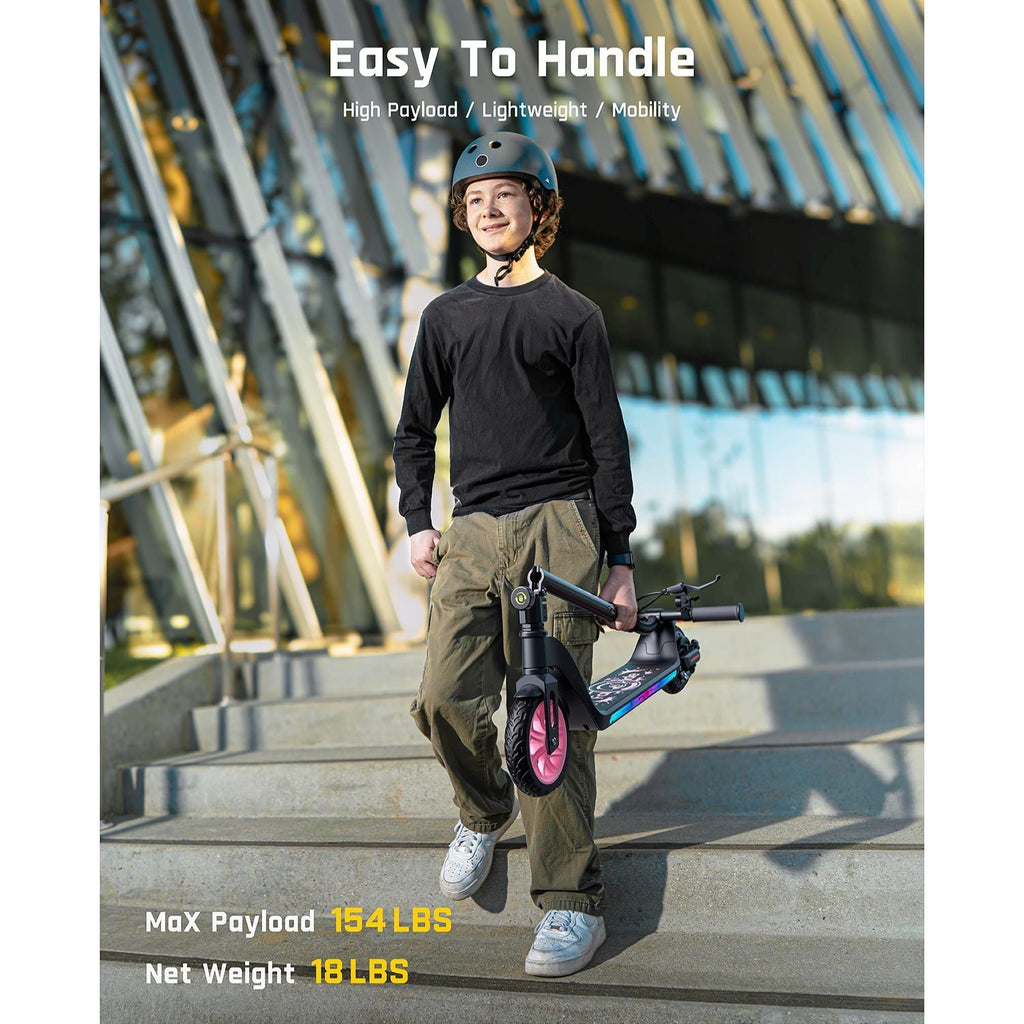 FanttikRide T10 Apex kids' electric scooter: 18 lbs net weight, 154 lbs max payload. Easy to handle with pink wheel & LED lights.