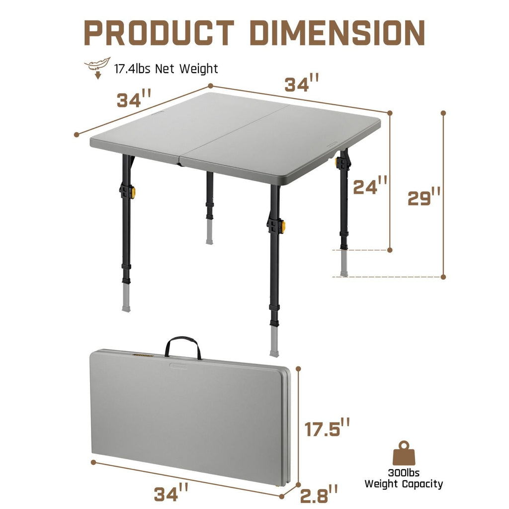 FanttikOutdoor Zeta S4 Pro 34" folding table: 34"x34" open, 24"/29" height, 17.4 lbs, 34"x17.5"x2.8" folded, 300 lbs capacity.