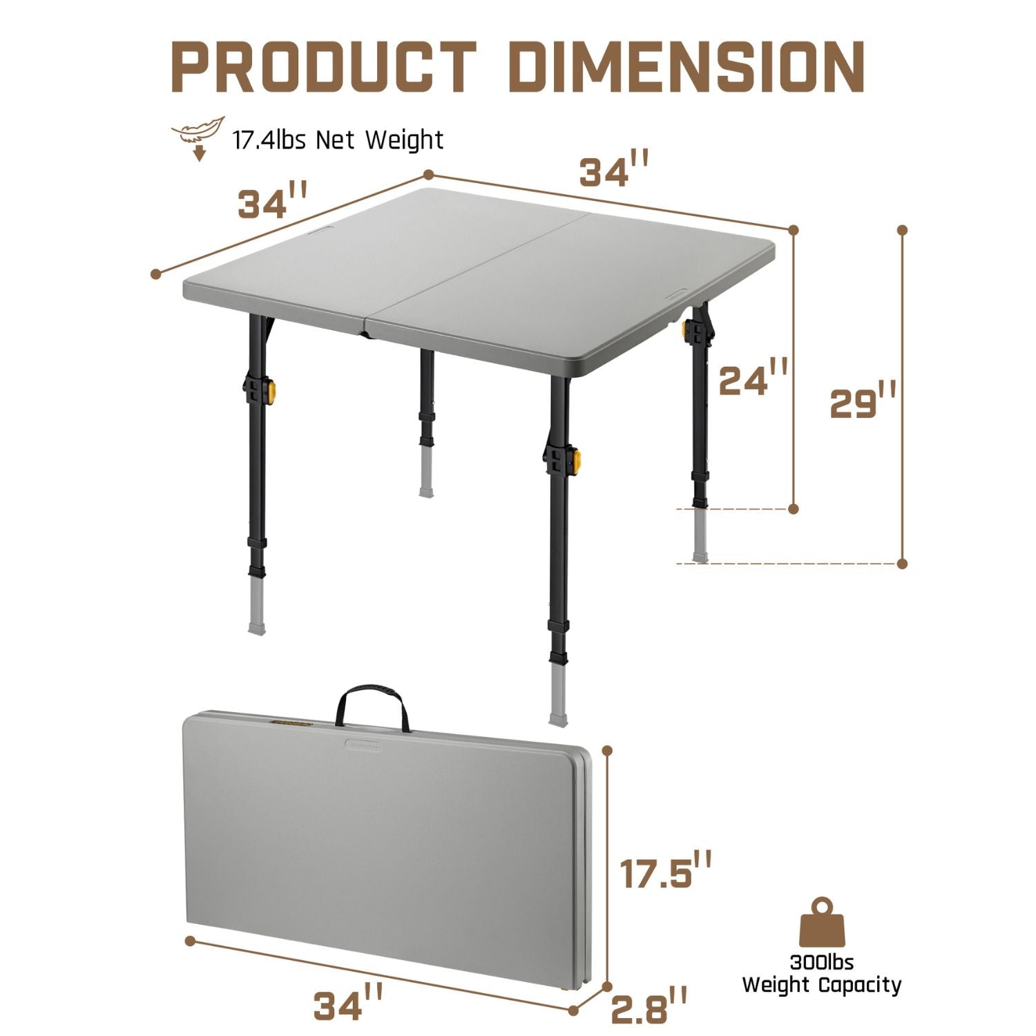 FanttikOutdoor Zeta S4 Pro 34" folding table: 34"x34" open, 24"/29" height, 17.4 lbs, 34"x17.5"x2.8" folded, 300 lbs capacity.