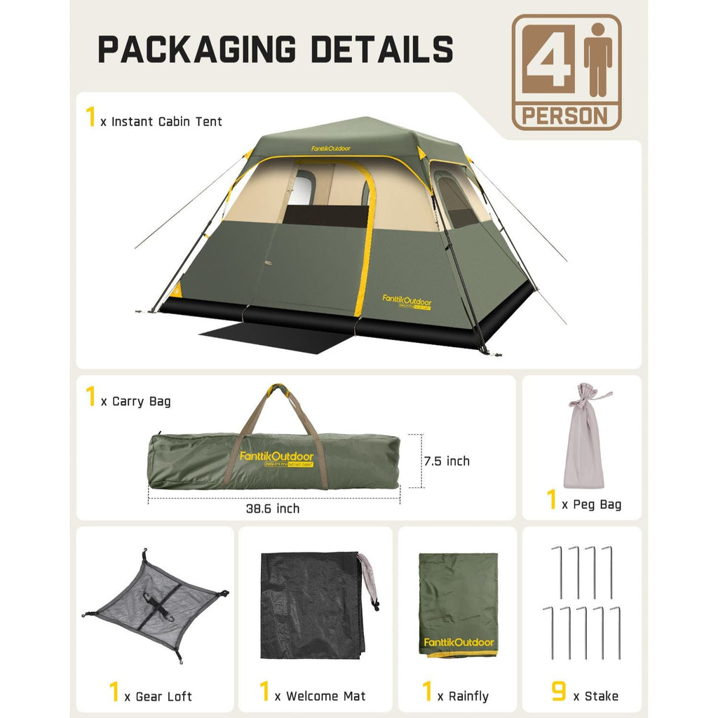 FanttikOutdoor Zeta C4 Pro 4 person instant cabin tent with carry bag, peg bag, gear loft, welcome mat, rainfly, and stakes