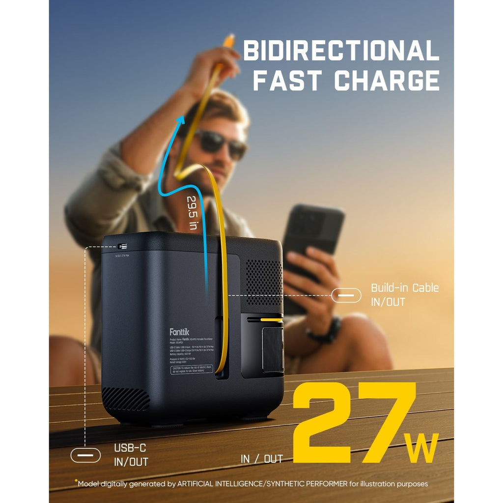 Fanttik X10 APEX tire inflator with 27W bidirectional fast charging, USB-C, and built-in cable