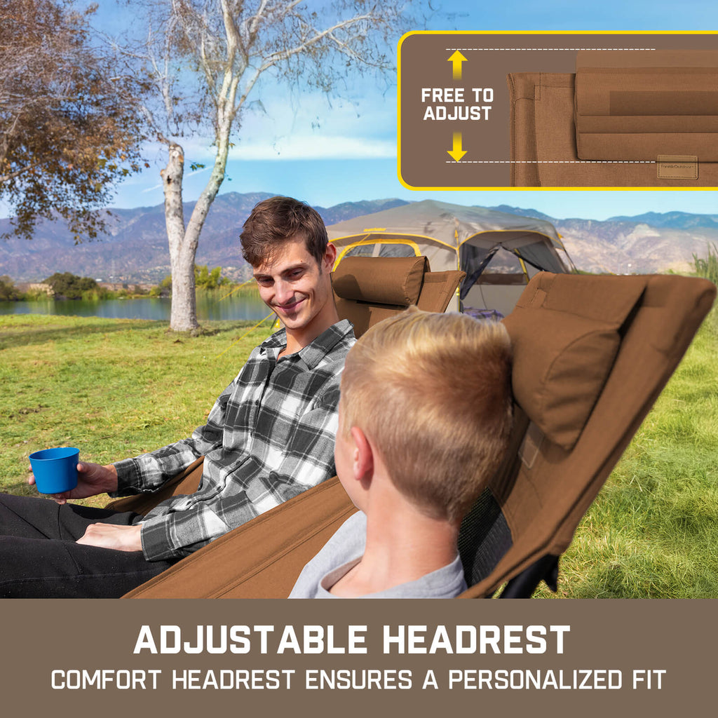 Brown FanttikOutdoor Zeta L8 Max rocker chair with adjustable headrest. Two people relaxing outdoors.