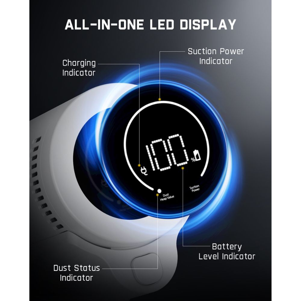Fanttik Storm 10 Pro LED display showing 100% battery, charging, suction power, and dust status.