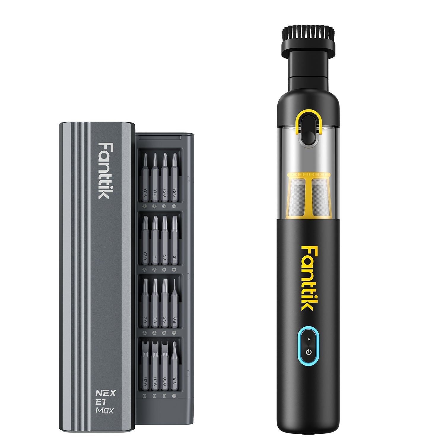 Fanttik E1 MAX electric screwdriver with 50-in-1 bit set for precision repair tasks.