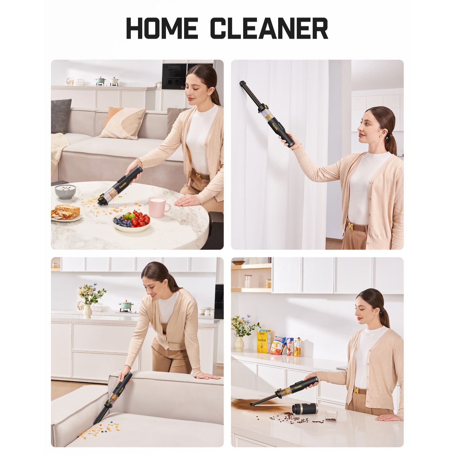 Fanttik Slim V10 Lite cordless handheld vacuum cleaning crumbs from a table, wall, sofa, and coffee beans from a counter.