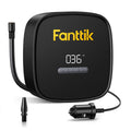 Fanttik X9 SE tire inflator with digital display showing 36 PSI, car charger, and hose. Compact portable air pump for cars.