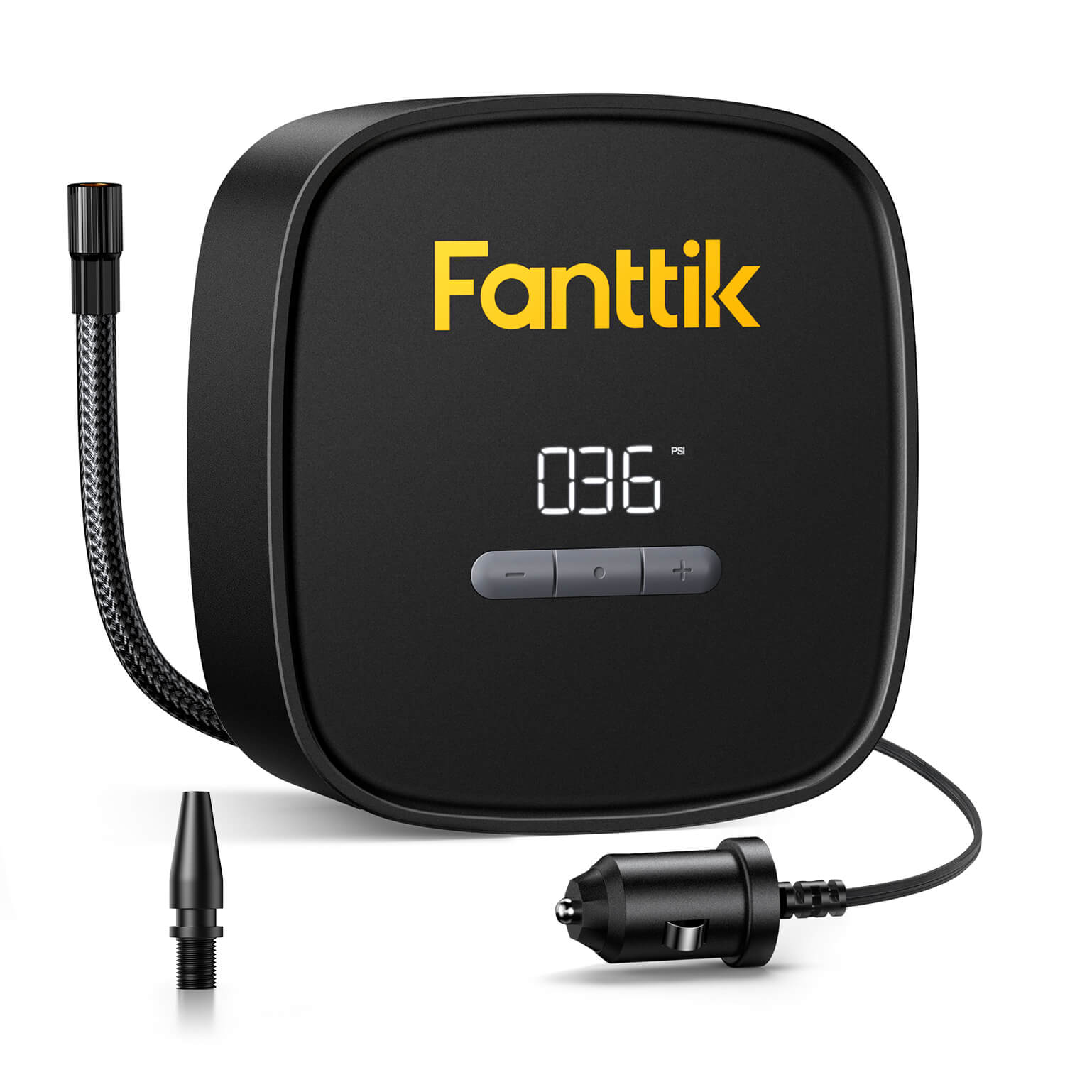 Fanttik X9 SE tire inflator with digital display showing 36 PSI, car charger, and hose. Compact portable air pump for cars.