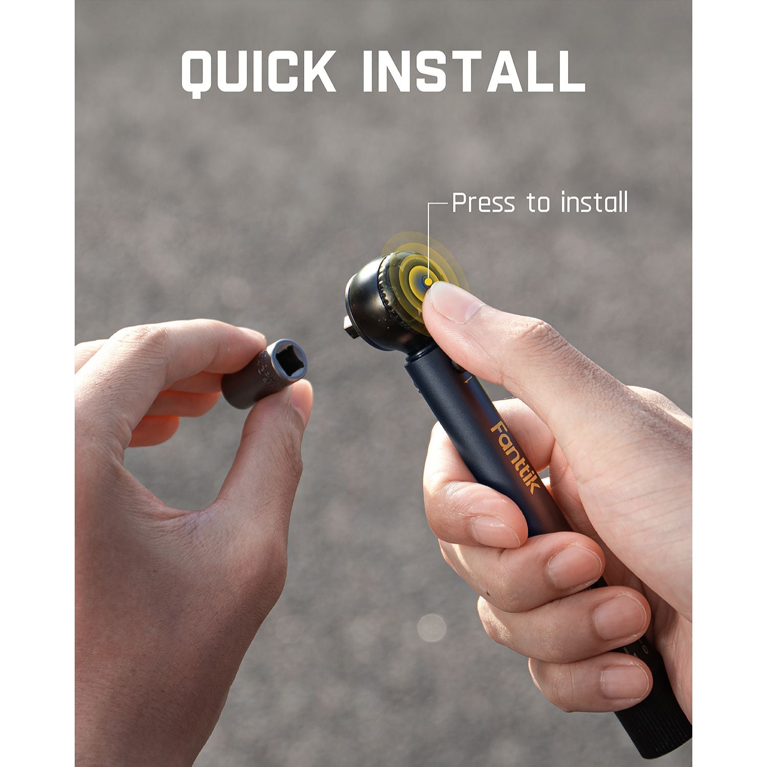 Hands install socket onto Fanttik WB10 Nova torque wrench, "QUICK INSTALL" text.