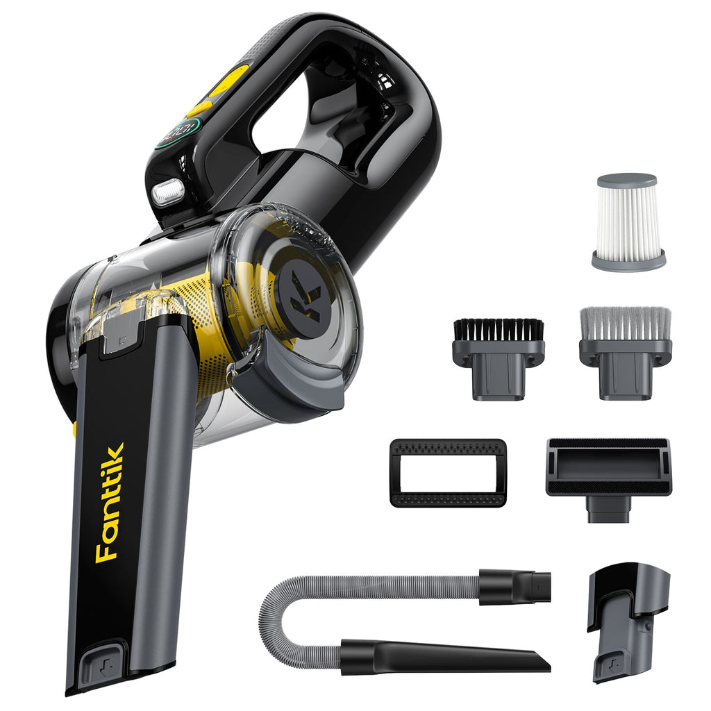 Fanttik V10 Apex foldable car vacuum with attachments: filter, brush heads, hose, and crevice tool.