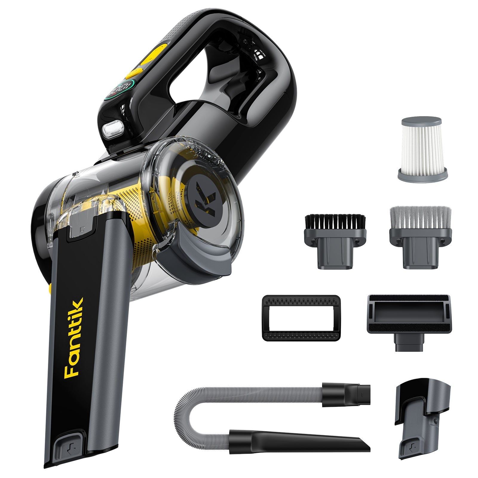 Fanttik V10 Apex foldable car vacuum with attachments: filter, brush heads, hose, and crevice tool.